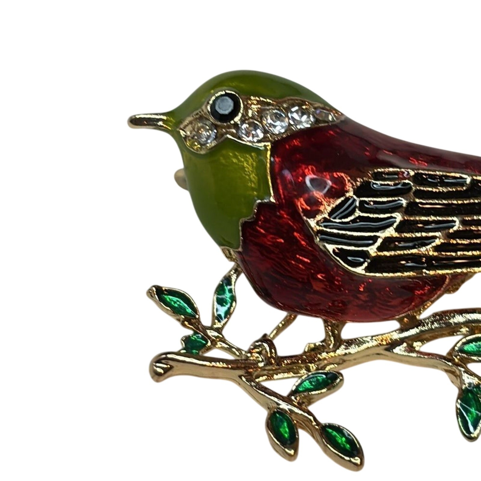 Vintage Enamel Robin Bird Brooch Red Green Gold Tone Rhinestone Accent Pin