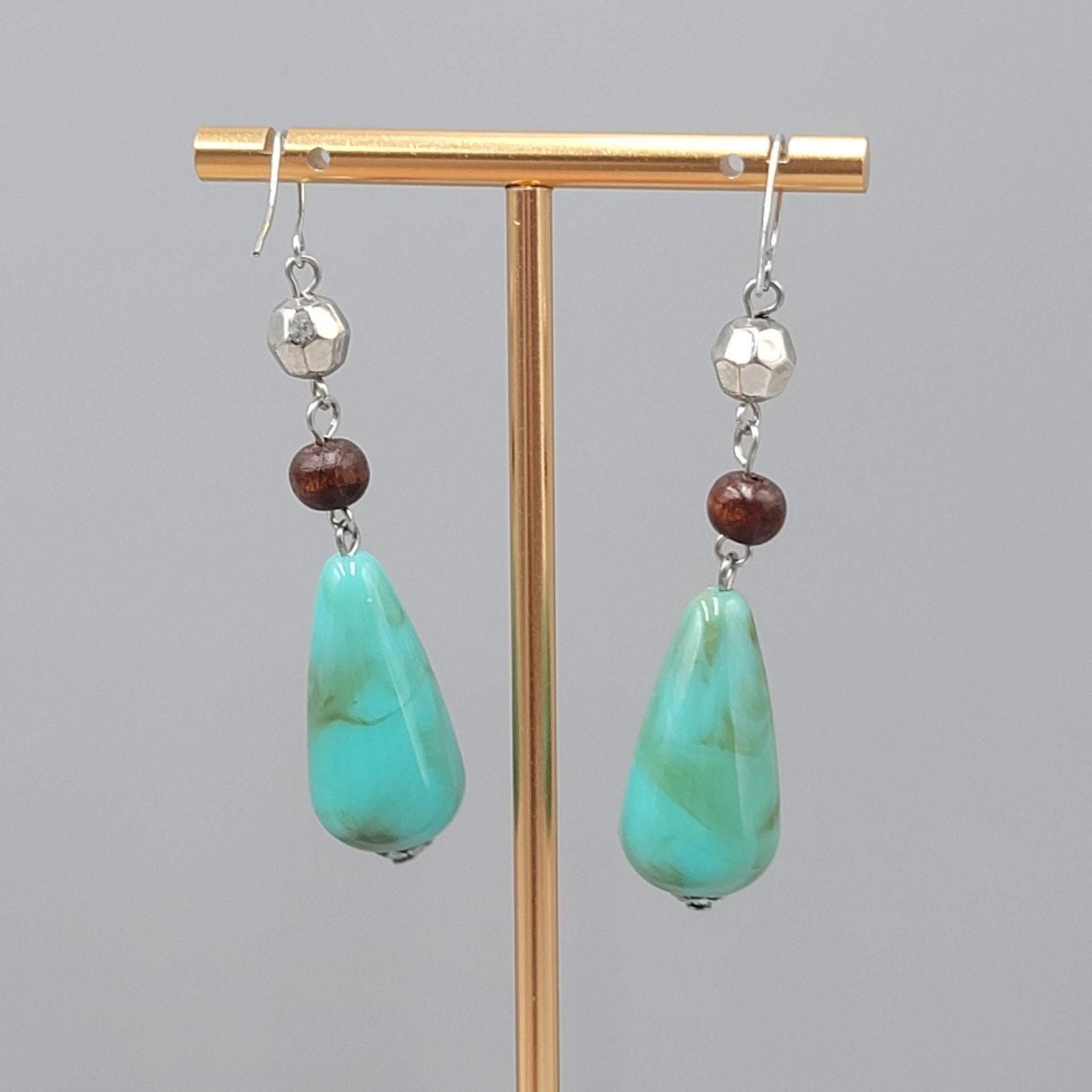 Turquoise Blue Swirl Bead Pierced Earrings Silvertone Dangle Acrylic Metal 2.25″