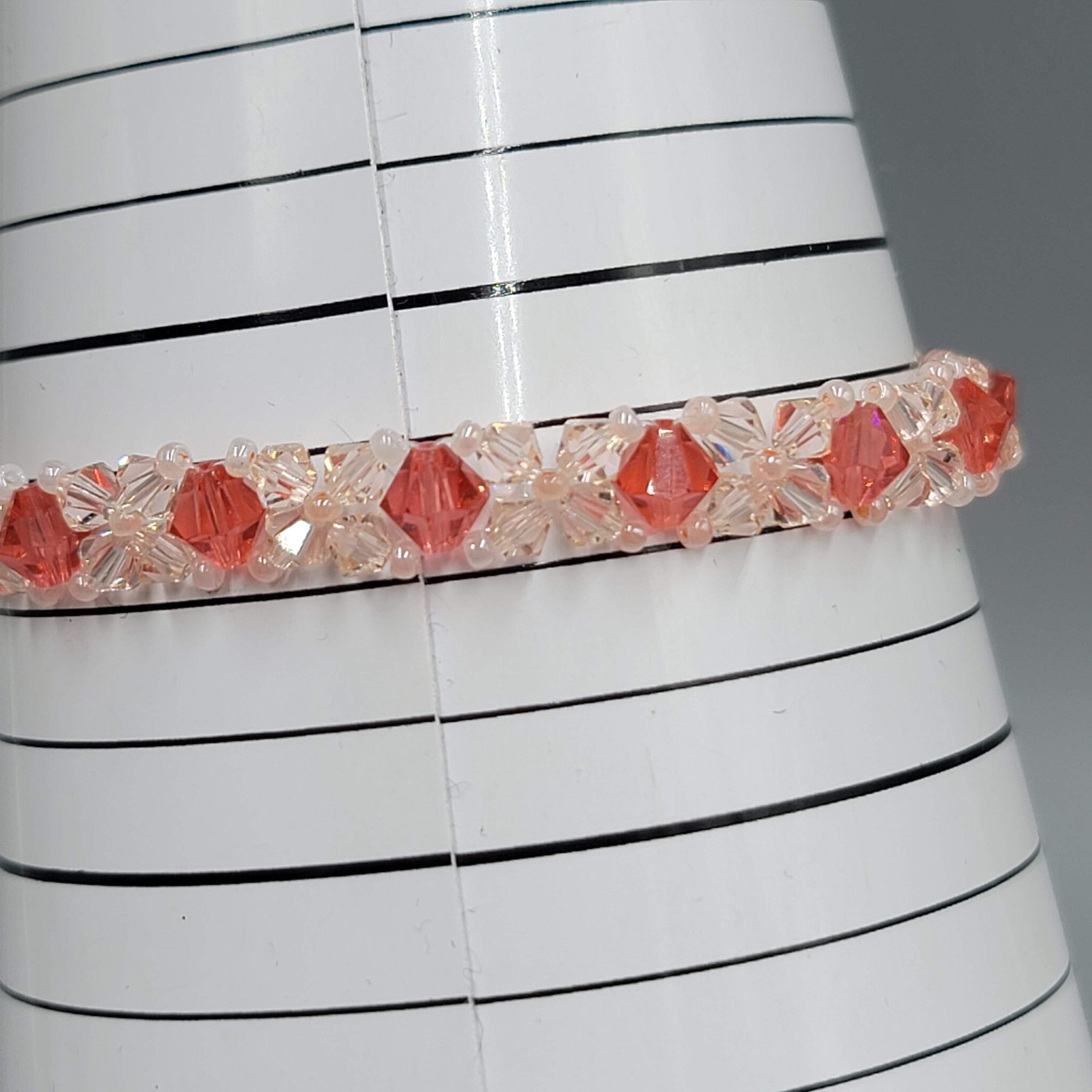 Pink Crystal Bicone Weave Bead Bracelet Toggle Closure 7.5″