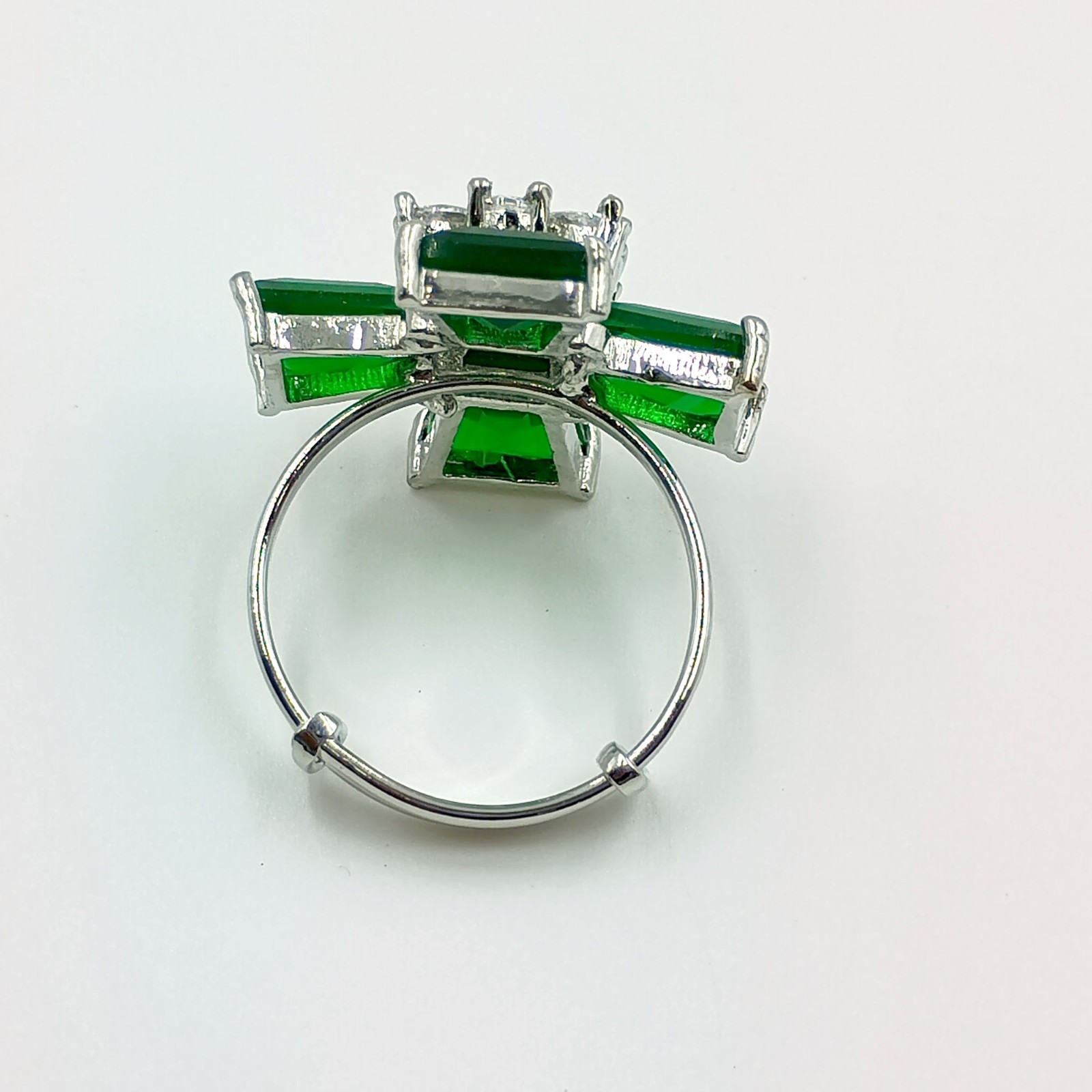 Elegant Green Stone Cross Ring White Plated Cubic Zirconia Adjustable Band Gift