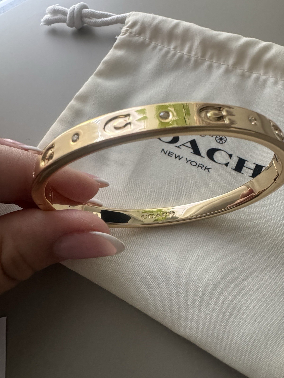 Coach Gold Tone Hinged Bangle Bracelet, Signed Logo