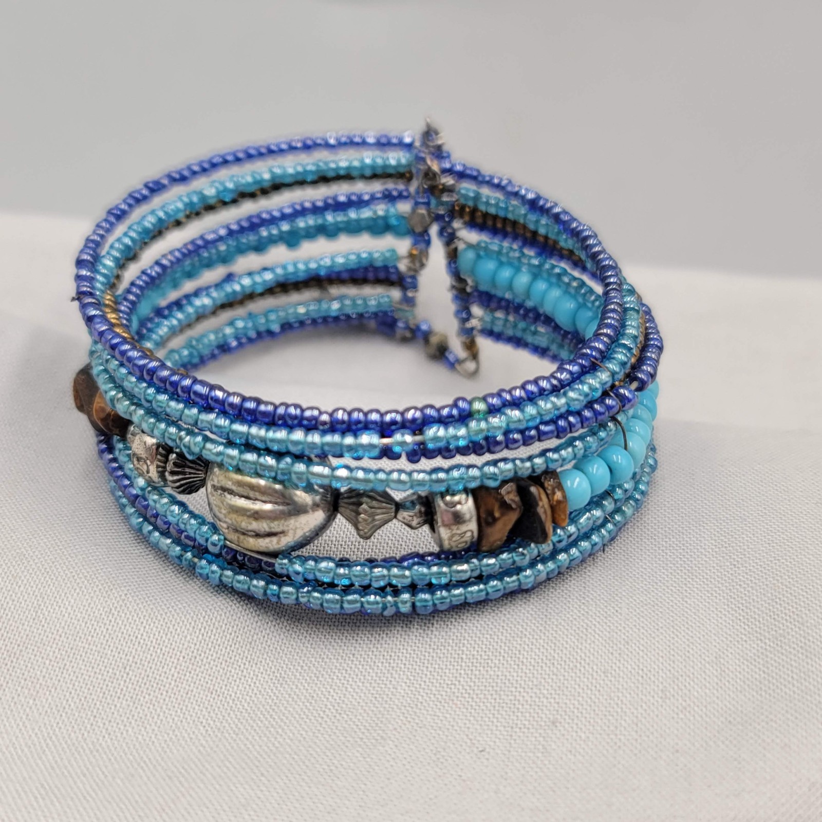 Blue Seed Bead Cuff Bracelet Silver tone Brown Stone Beads 7″ adj