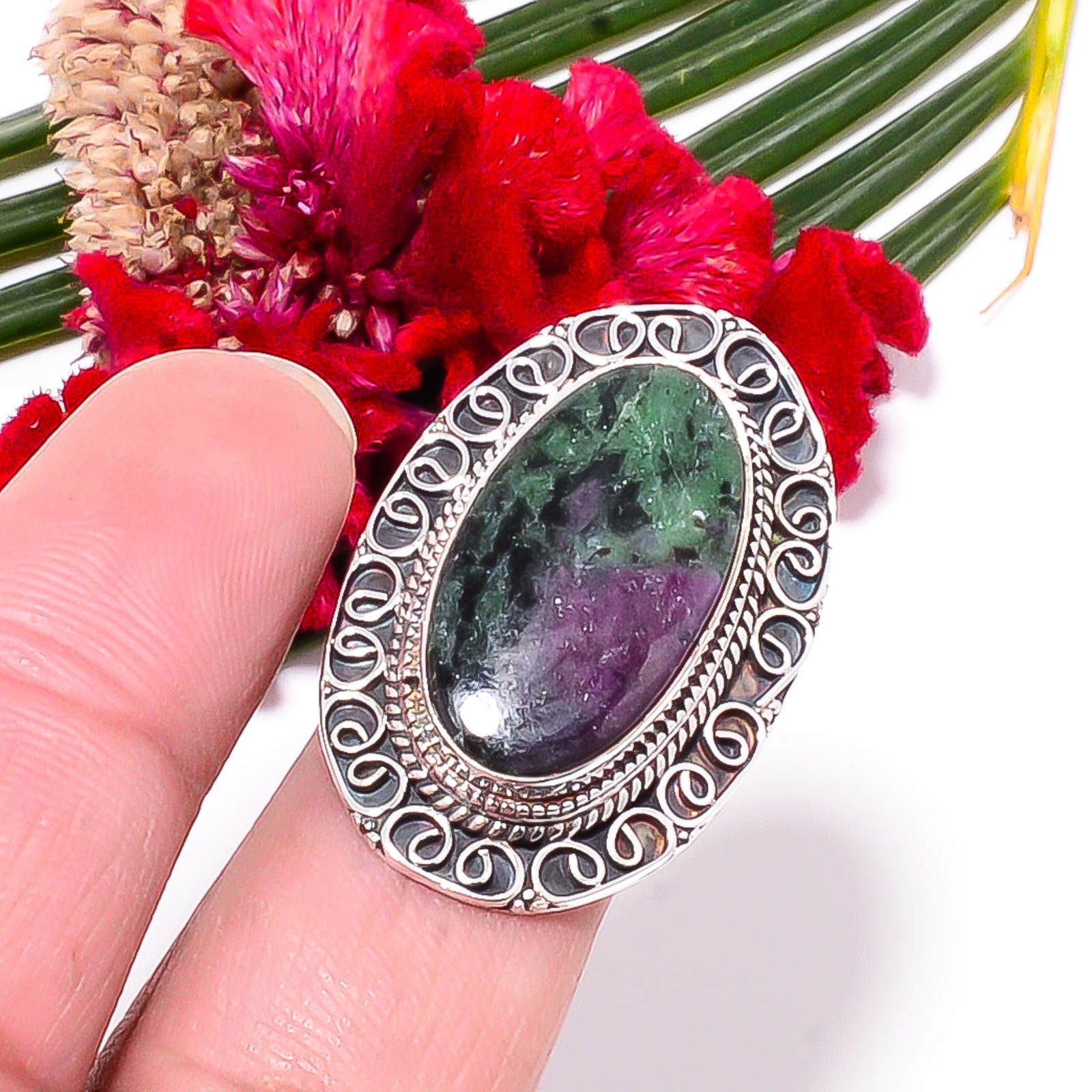 Ruby With Zoisite Fine Art Oxidised 925 Sterling Silver Ring s.9 Sk17, Christmas