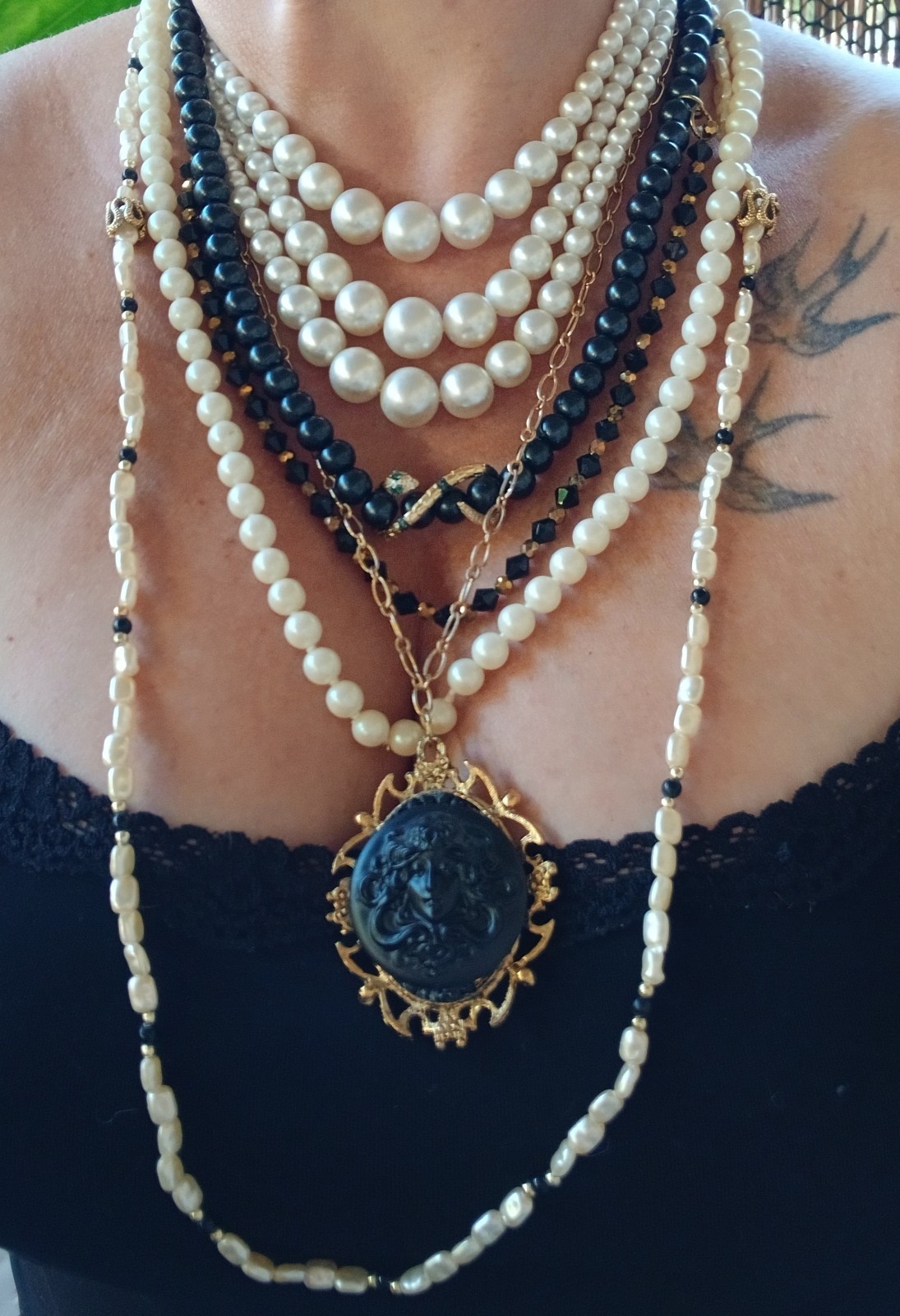 Medusa Layered Chunky Cameo Imitation Pearls & Snakes Statement Necklace