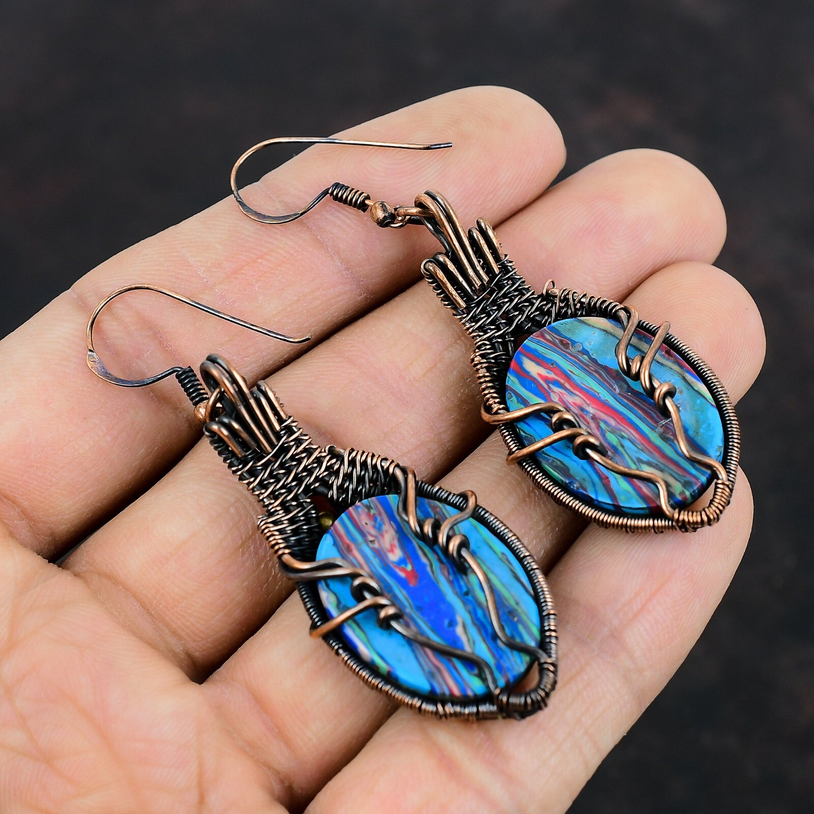 New Year Deal Rainbow Calsilica Stone Copper Drop Dangle Wire Wrapped Earrings
