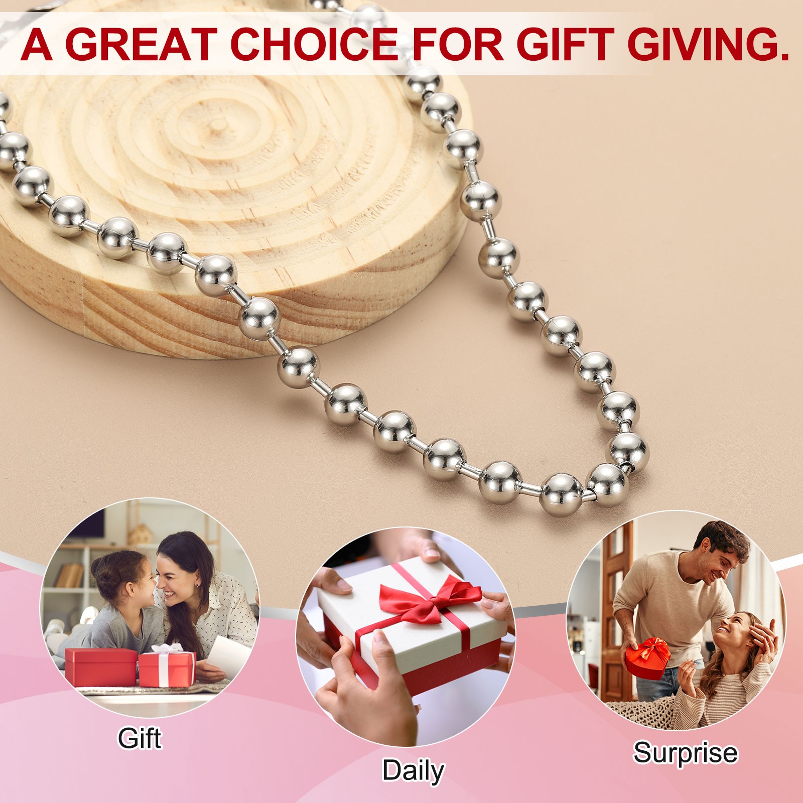 Silver-tone Beaded Chain Necklace, 8mm Bead Ball Necklace, 28 Inch Length