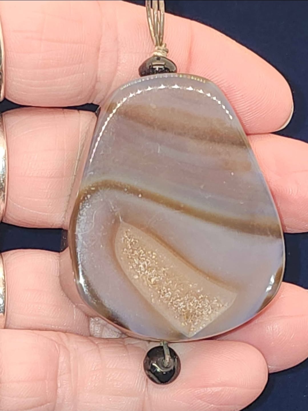 Banded Brown Gray Agate Stone Pendant Charm w/ Silver Metal Bail Loop