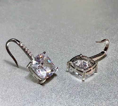 3CTW Simulated Diamond Cushion Drop Earrings 10k White Gold Plated Elegant Gift