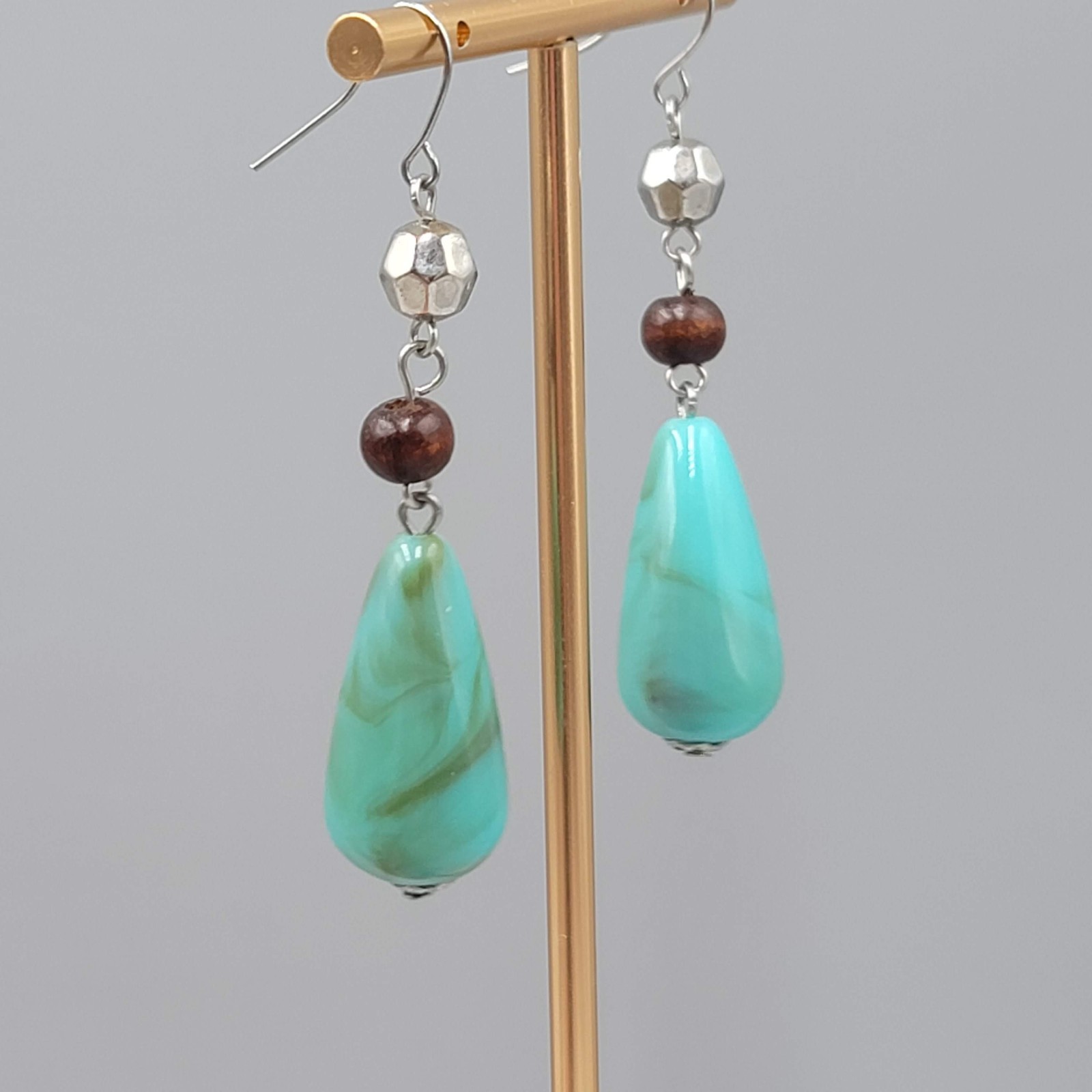 Turquoise Blue Swirl Bead Pierced Earrings Silvertone Dangle Acrylic Metal 2.25″
