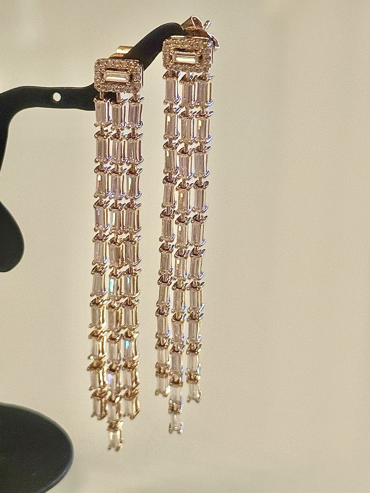 JCM 925SS/GOLD VERMEIL~ BAGUETTE CUBIC ZIRCONIA 2.75” DROP DANGLE EARRINGS NIB*