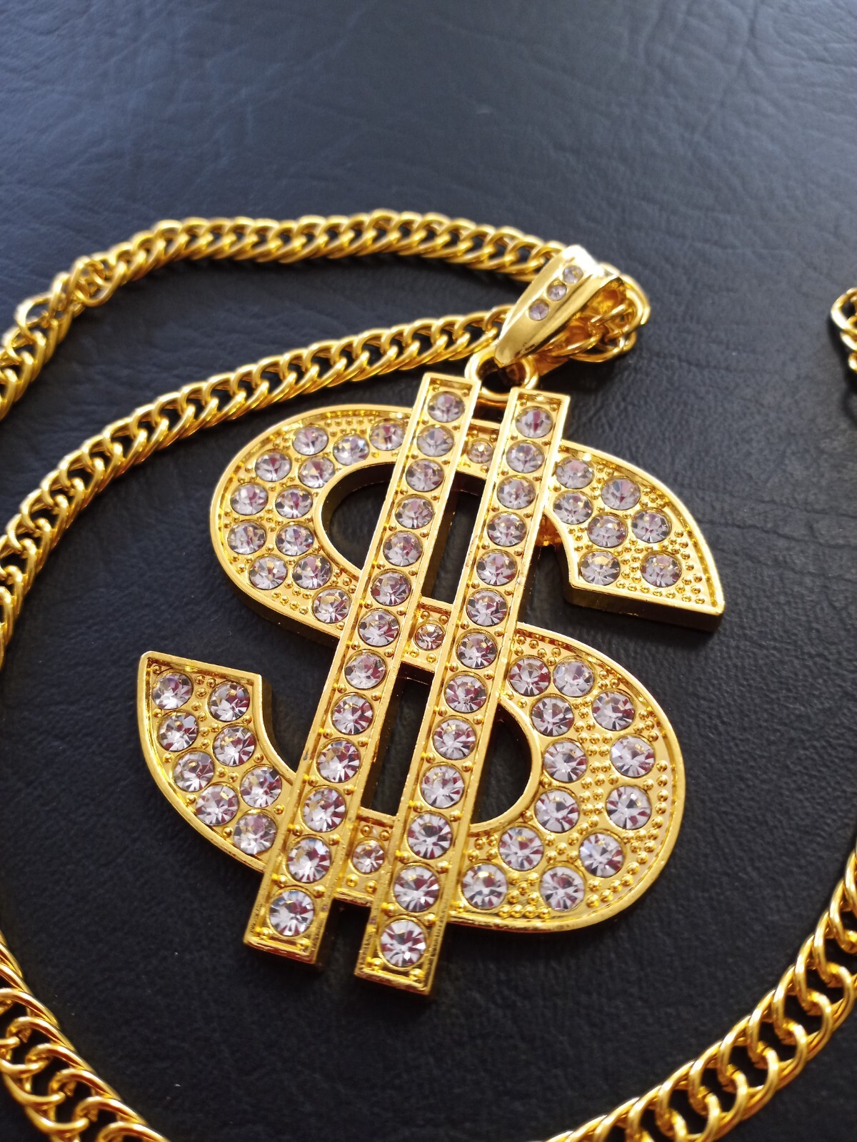 BIG MONEY ICED DOLLAR SIGN NECKLACE GOLD TONE CHAIN 7mm 27″ LONG -2.5″ PENDANT