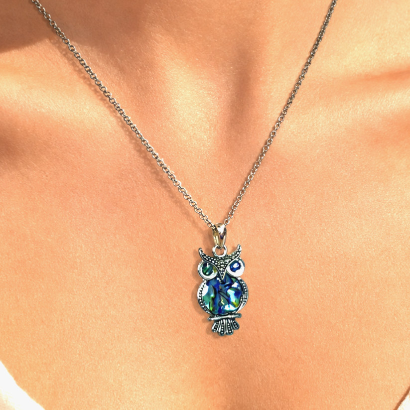 Cute Iridescent Abalone Shell Owl Pendant Necklace With Hinged Box