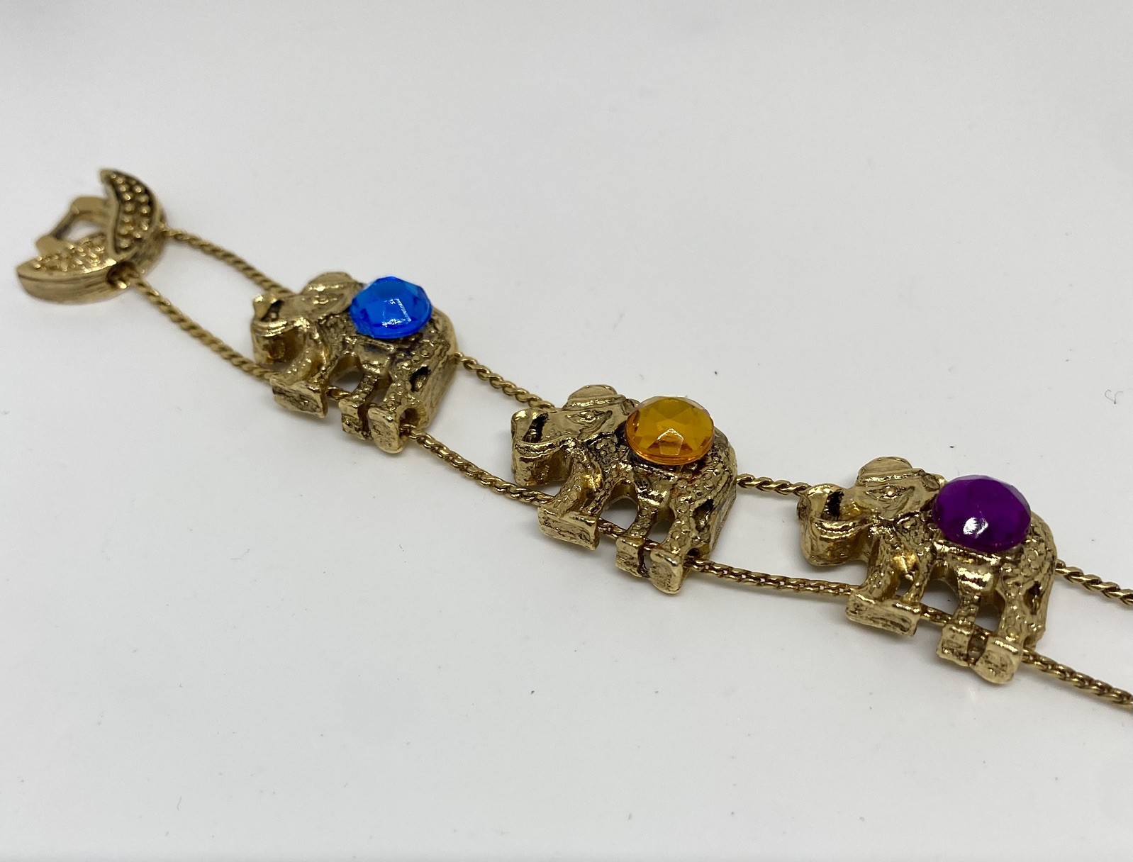 Vintage Gold-Toned Slide Bracelet with Elephants & Rhinestones