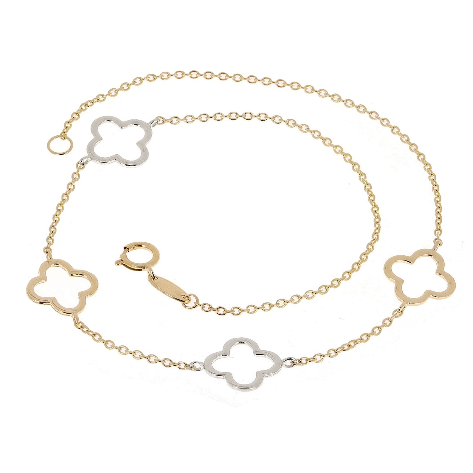 Italian 14k Yellow & White Gold Flower Charm Station Bracelet 7″ 1.6 grams