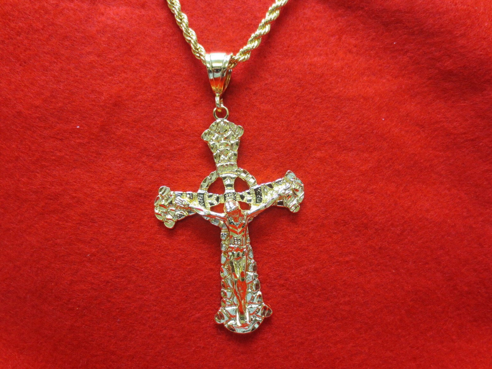 14KT GOLD EP HUGE CRUCIFIX CROSS 4+ INCHES CHARM W/16″-30″ 5MM ROPE CHAIN-9252