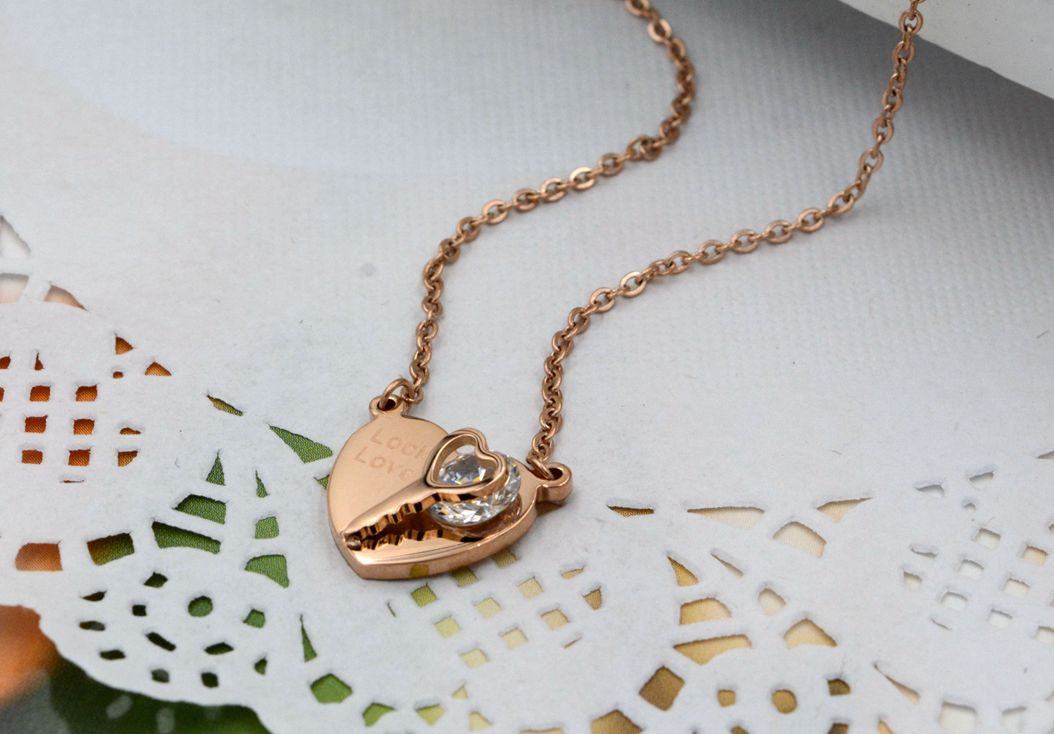 18KGP Rose Gold Stainless Steel Cubic Zirconia Love Lock Key Pendant Necklaces