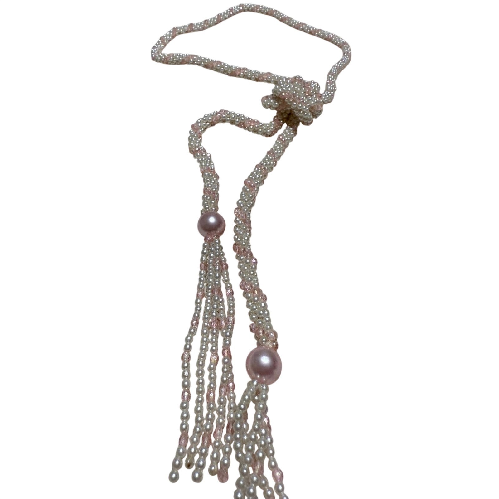 Vintage Spool Knitted Faux Pearl Lariat Necklace Pink Crystal Tassel Rope Wrap