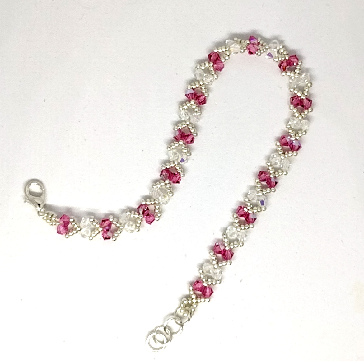 6 1/2in Bracelet 3mm Crystal Pink/White Sparkly Bicone Beads Silver Miyuki Beads