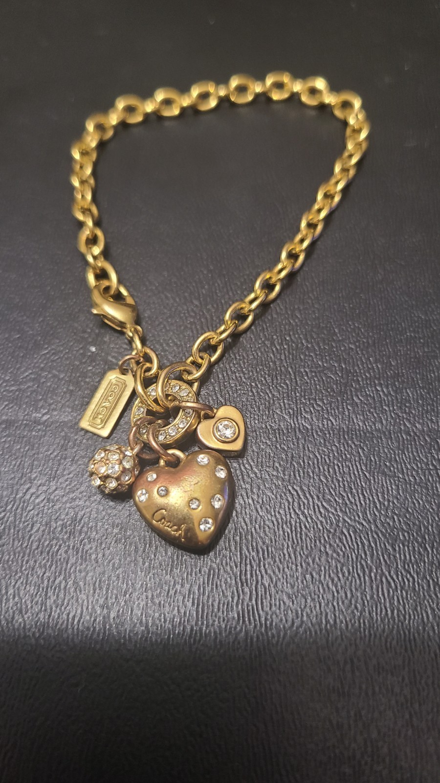 Coach Gold Tone Charm Bracelet Heart With Clear Crystals Small Heart Ball Ring