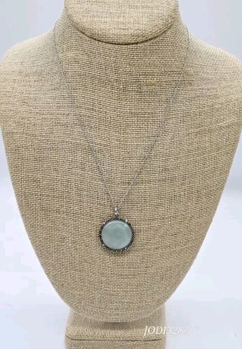 Sterling Silver Pendant Necklace 925 MARCASITE Dyed Jade HARMONY reversible 18″