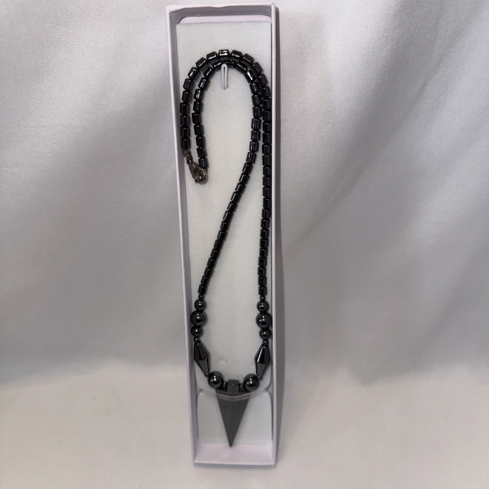 NEW Hematite Beaded Necklace with Arrowhead Triangle Pendant – Gunmetal Gray