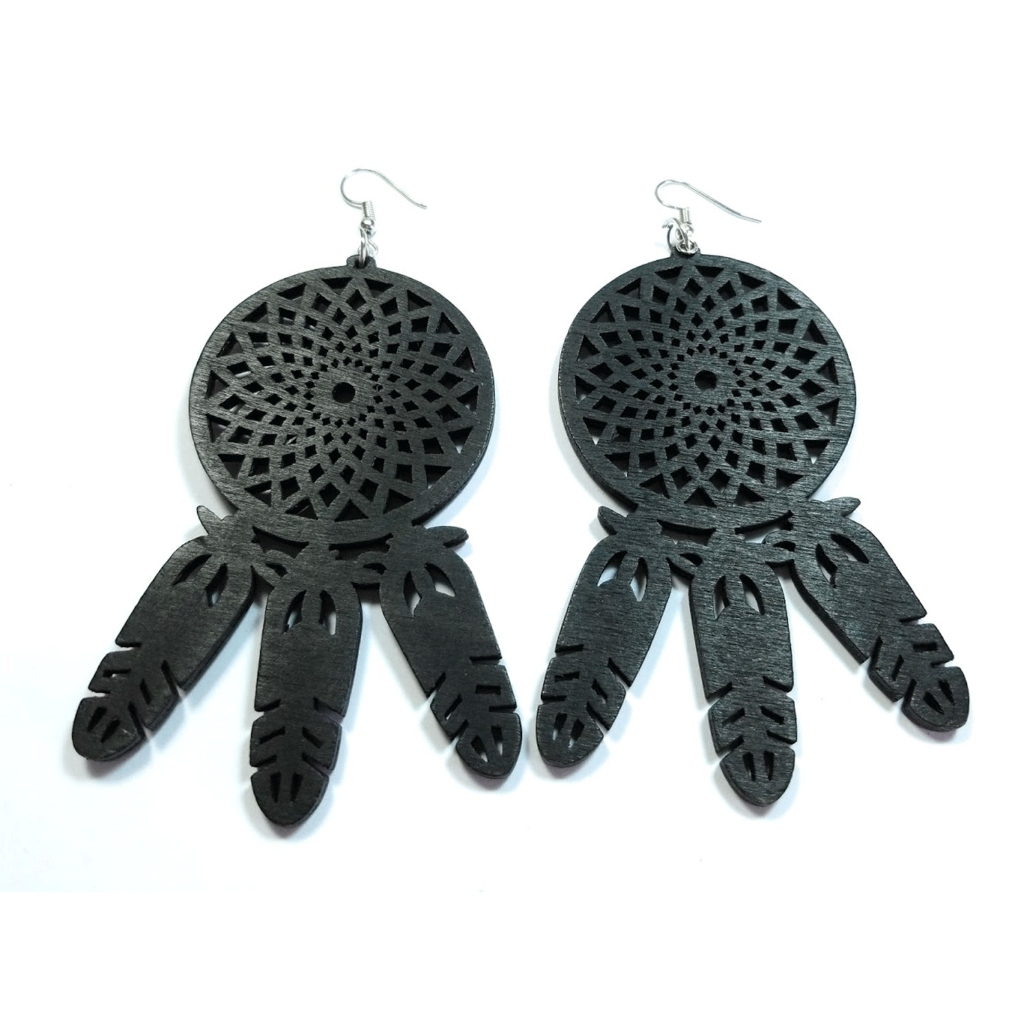 TB Big Dream Catcher Wood Natural Color Wooden Engraved Fashion Dangle Earrings