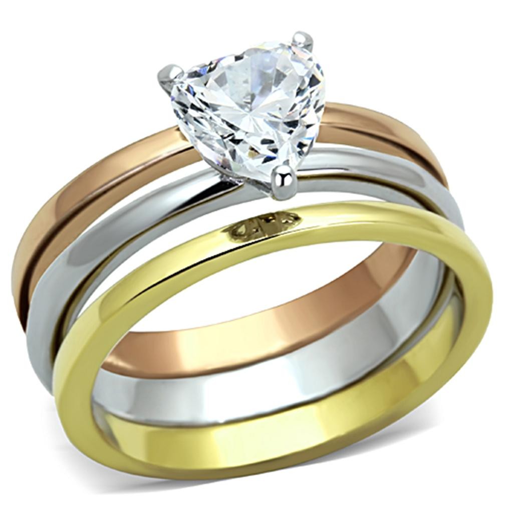 Women’s Heart Solitaire Ring Set, Clear CZ, 14K Gold & Rose Gold Plated