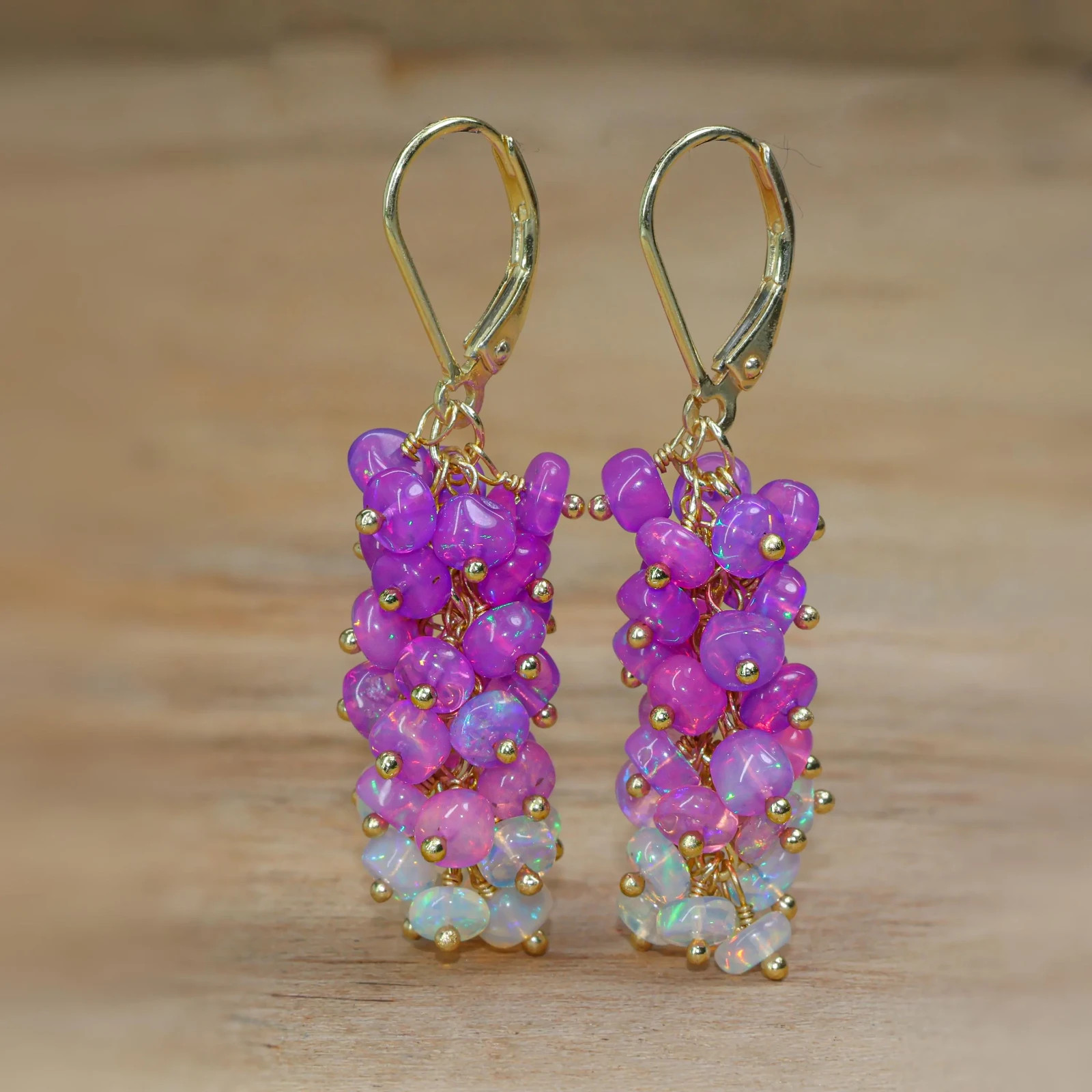 Fire Purple Opal Beads Cluster Earring, Genuine Opal Beaded Earring, Opal Dangle