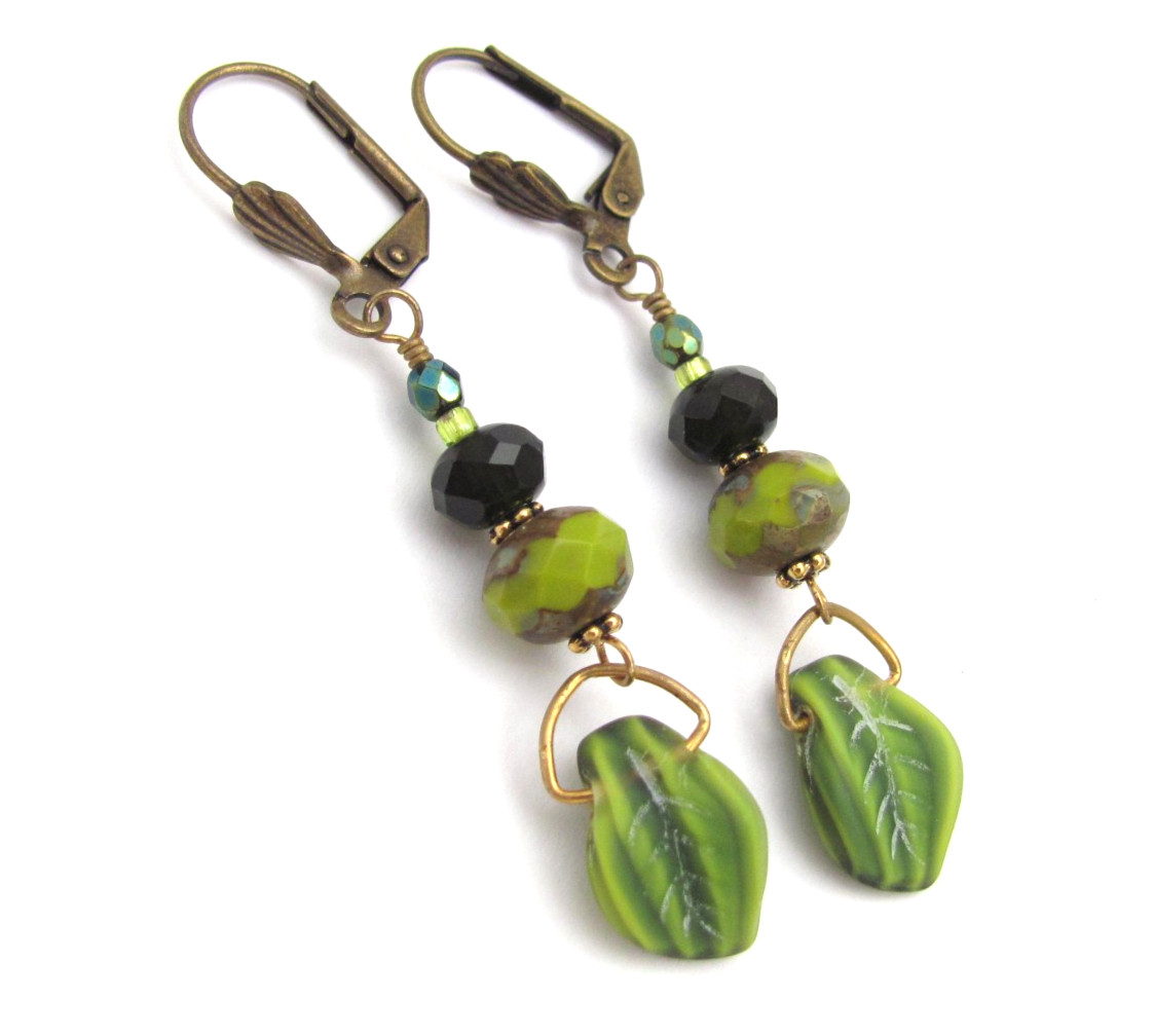 Green Earrings Leaves Hippie Boho Dangle Antiqued Brass Czech Glass Ren Fair