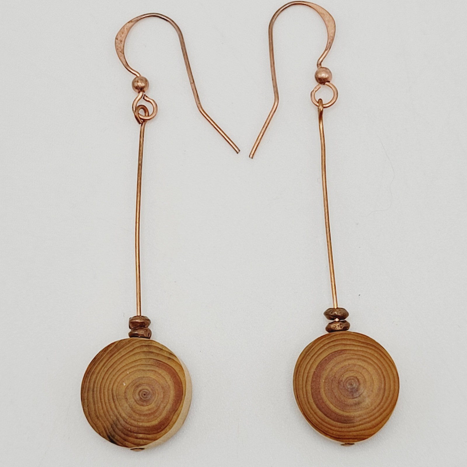 Artisan Handcrafted Round Wood Slice Drop Earrings Long Copper Wire Tree Ring