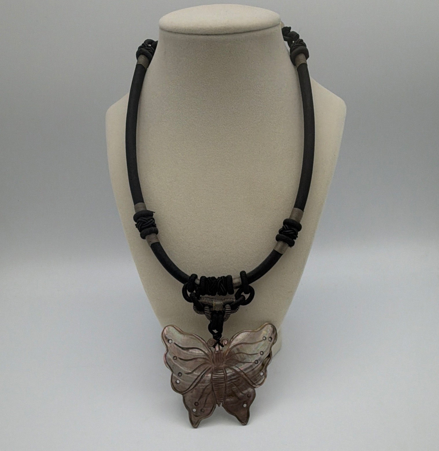 Black Cord Necklace Butterfly Charm Pendant Mother of Pearl Shell Multicolor