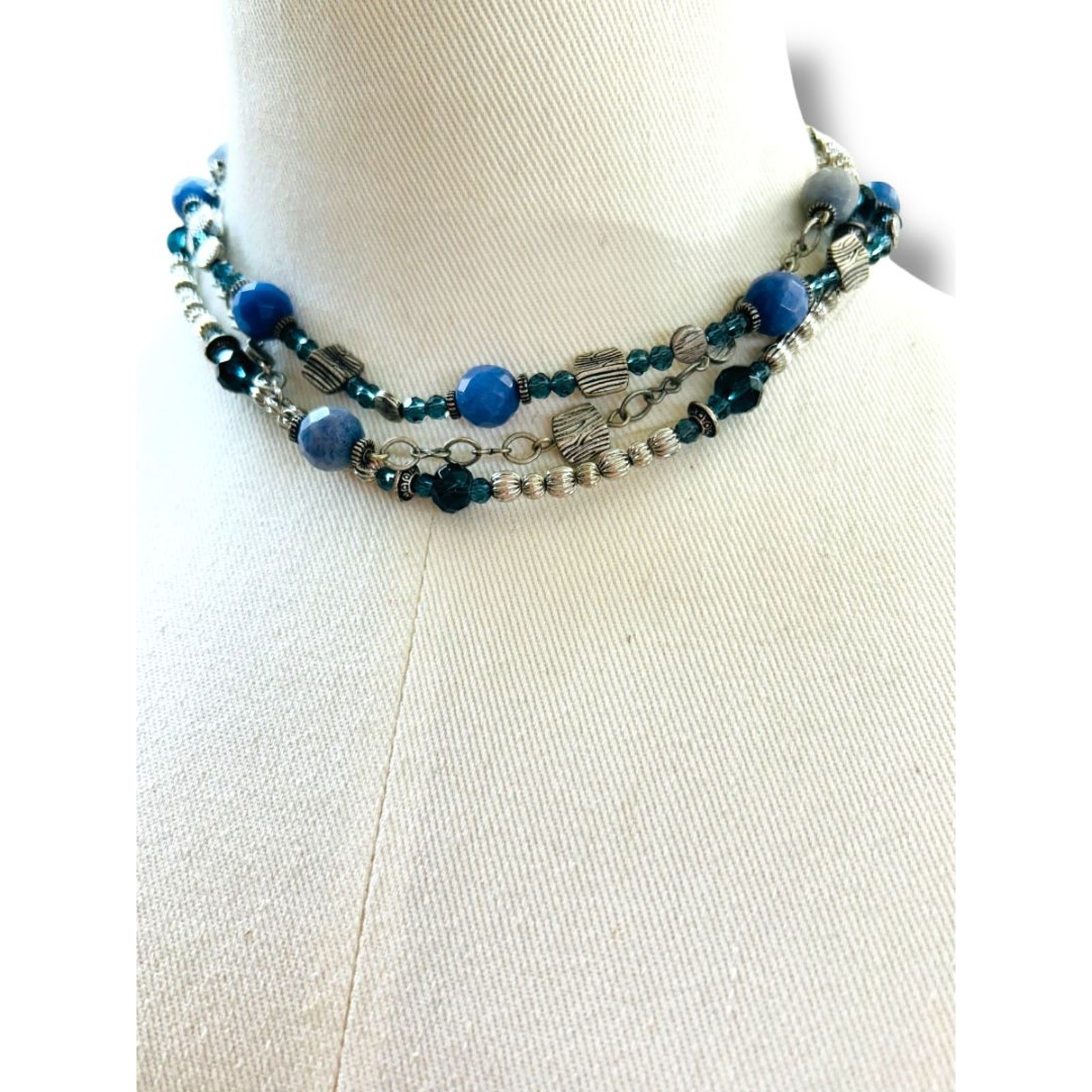 Premier Designs Multistrand Necklace Blue Silvertone Beaded 15.5-19″