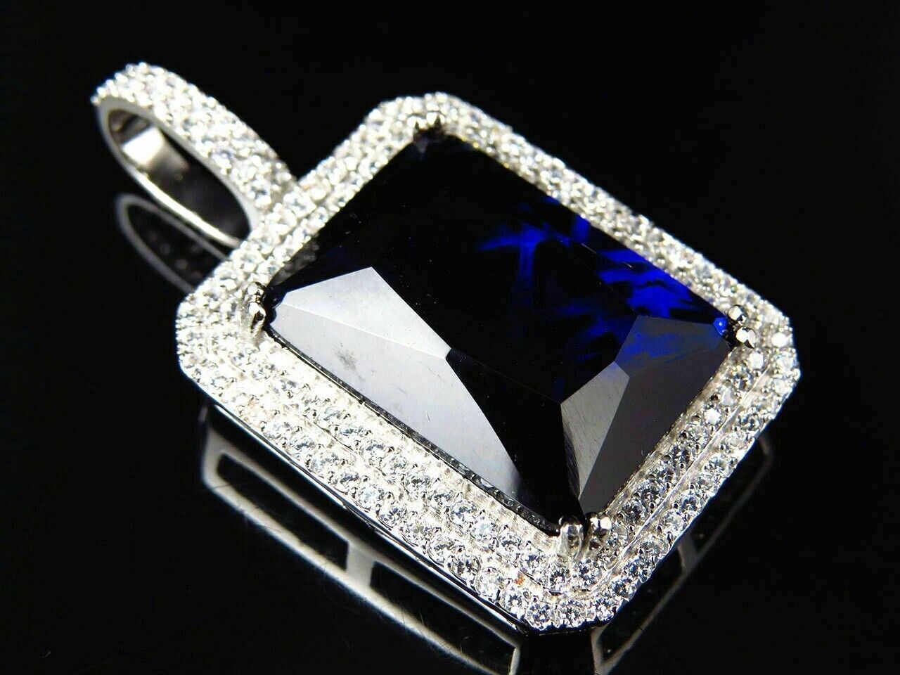 2.50 Ct Emerald Cut Simulated Blue Sapphire Halo Pendant 14K White Gold Plated.