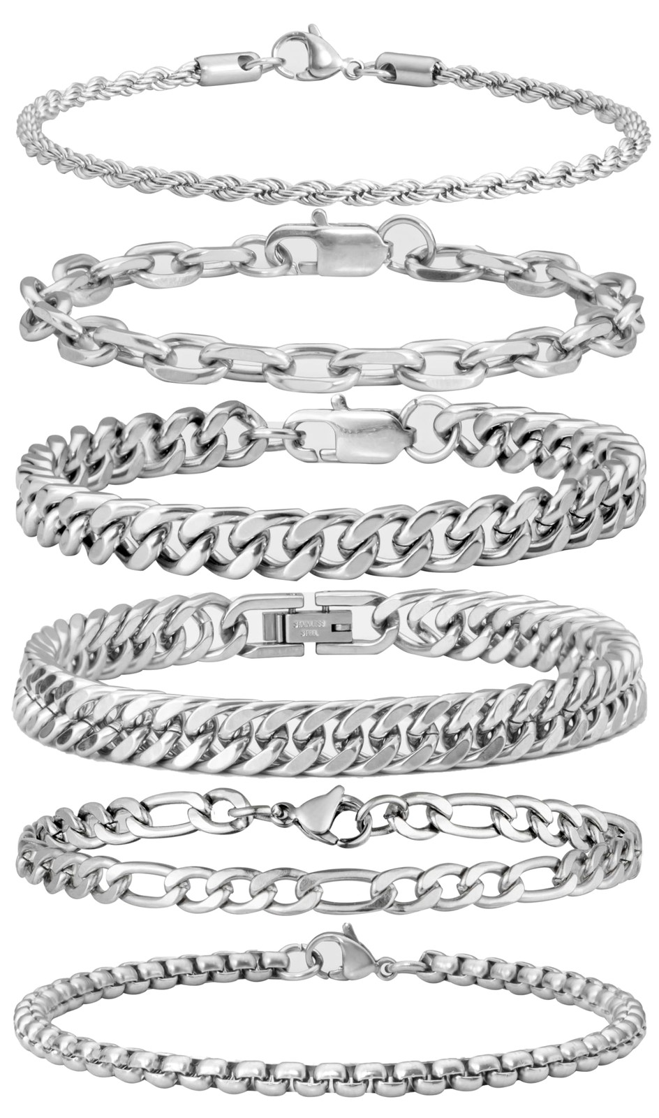 6 Pcs Stainless Steel Bracelets Set for Men Women Cuban Chain Link 7.5″