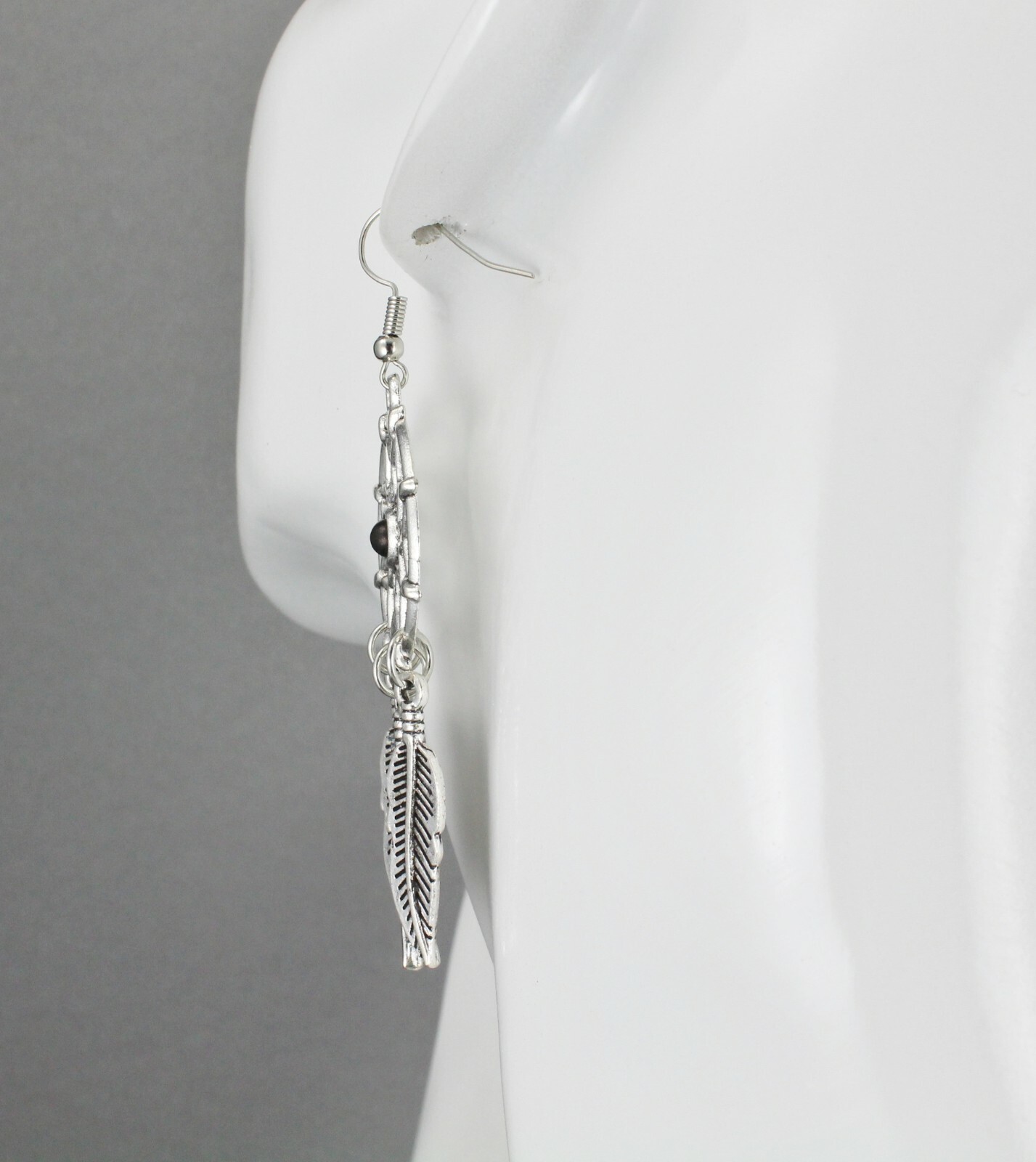 Silver dream catcher earrings dangle feather black bead lightweight 3″ long