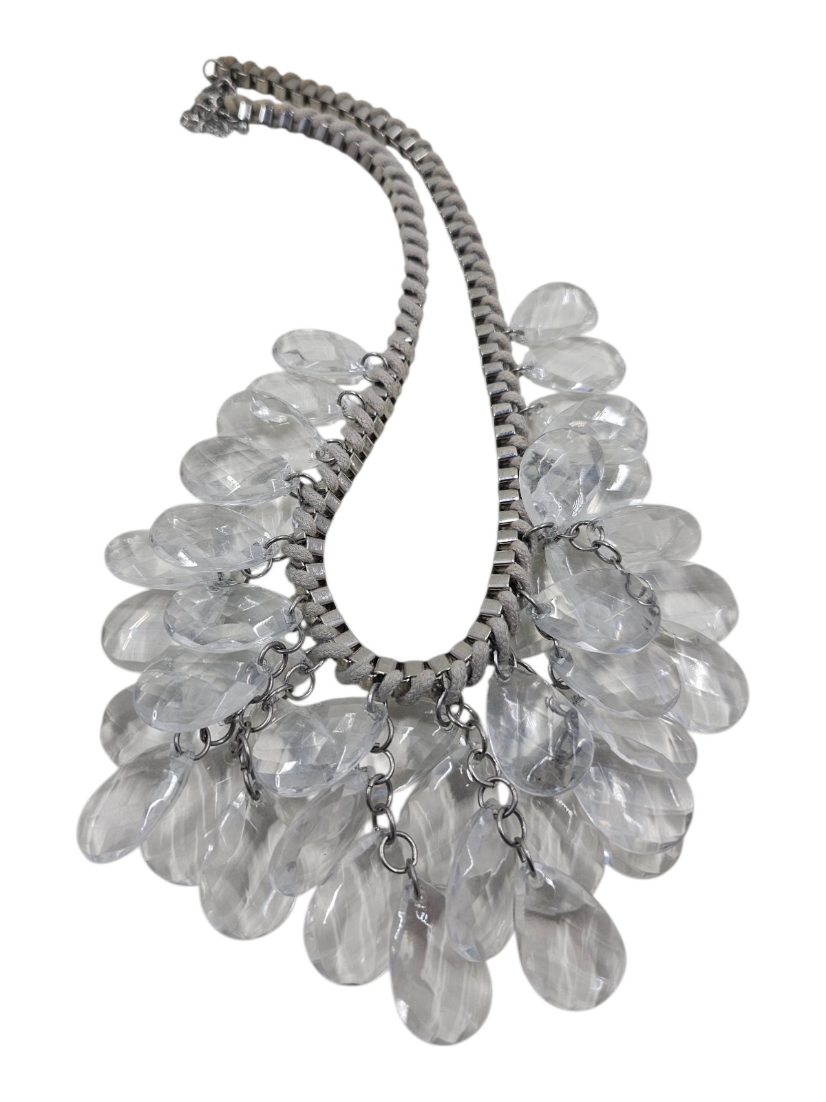 Clear Acrylic Teardrop Necklace Multi Strand Faceted Statement Bib Silver Tone