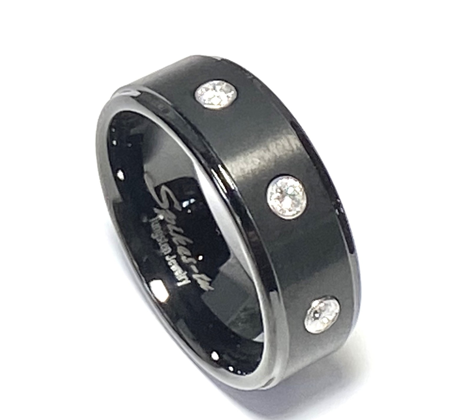 Triple Gem Black Ion Plated Tungsten Wedding Ring Size 9,10,12 (f108)