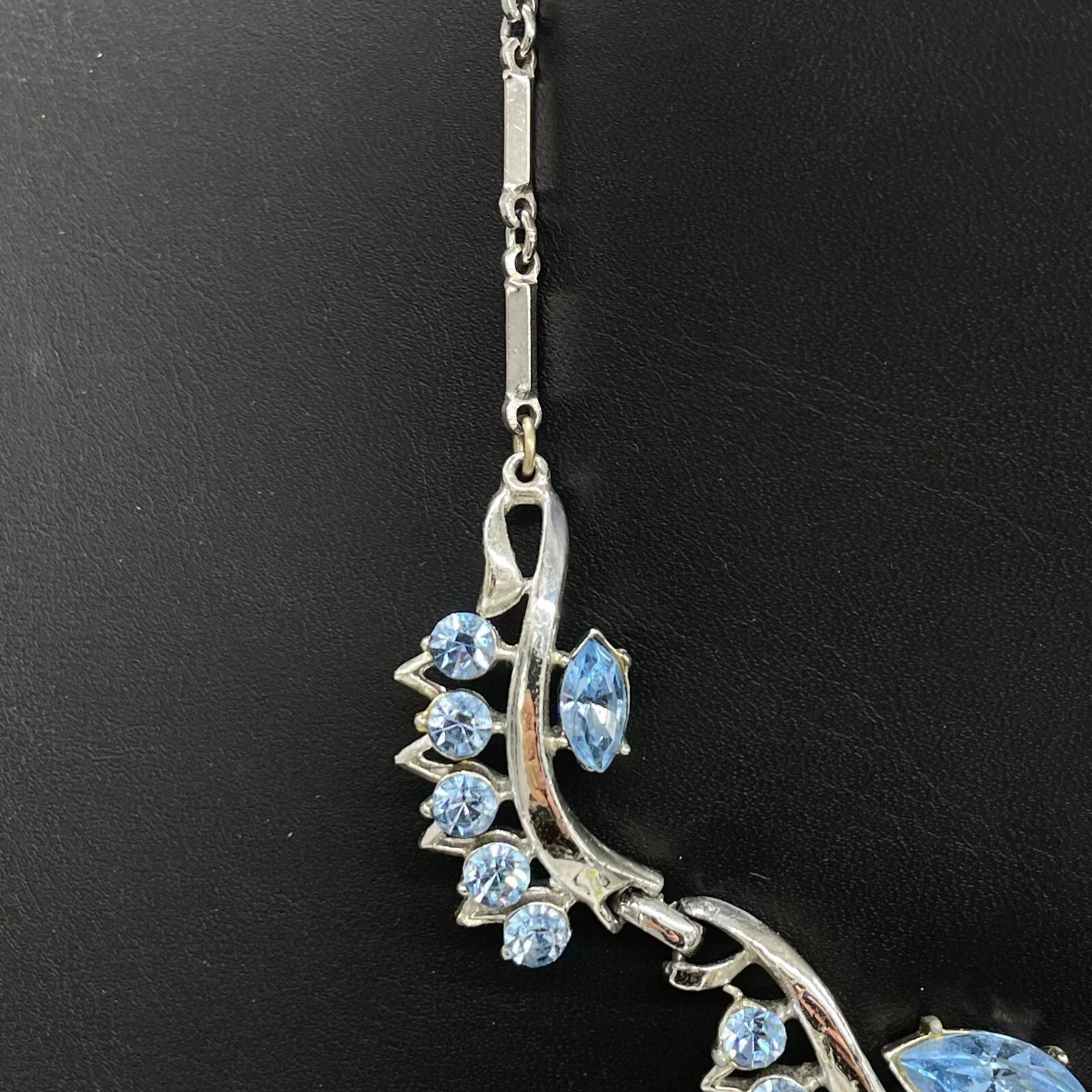 Blue Rhinestone Crystal Chain Necklace 14 to 17 Inches Hook Closure Silver Tone