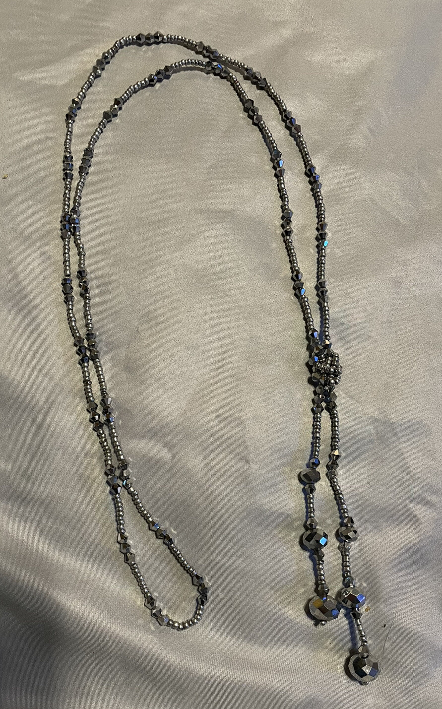 long Dark Gray beaded Knotted tassle necklace, Sparkly, Statement Piece 1N