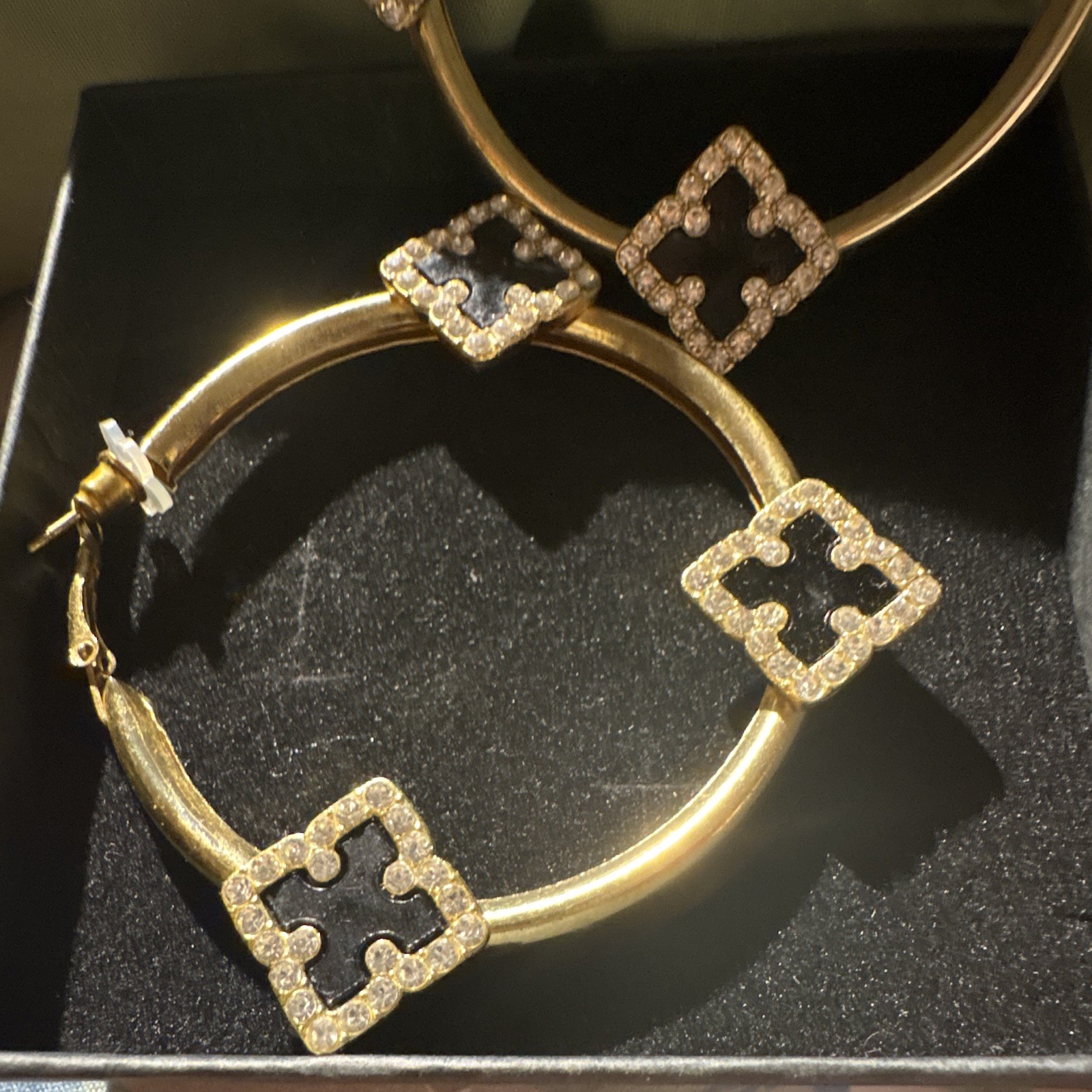 Gold Tone Crystal Clover Station Hoop Earrings Pavé Hinged Hoop Closure