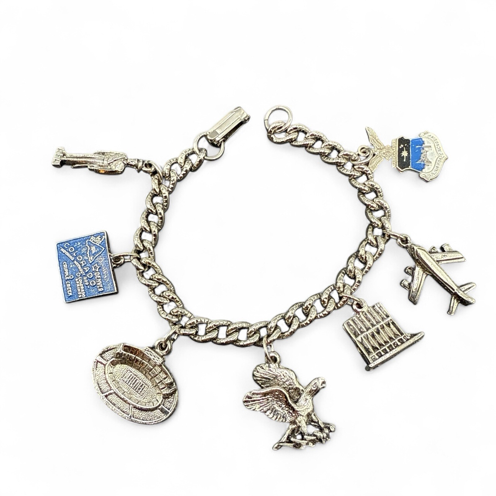 Vintage Charm Bracelet Airplane Football Eagle Air Force 7” J46