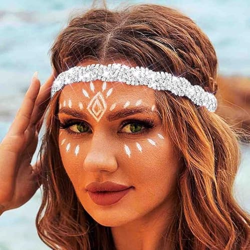 Silver Elastic Rhinestone headbands Boho Sparkly 1 Count (Pack of 1) Silver A