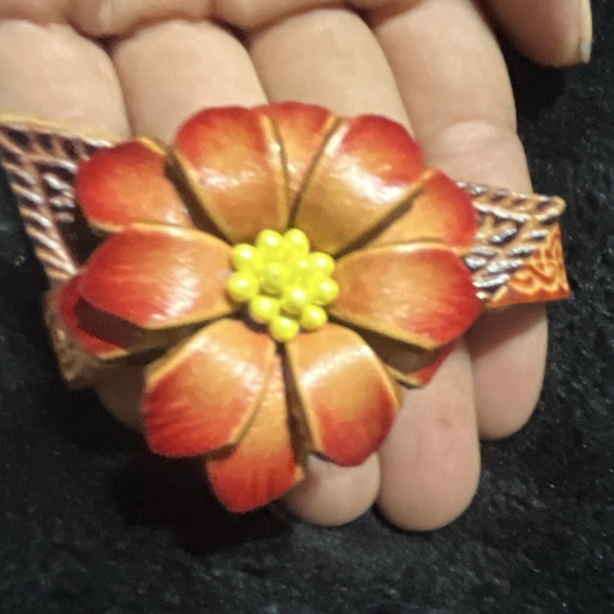 Orange Leather Adjustable Snap Cuff Bracelet Floral Flower Design