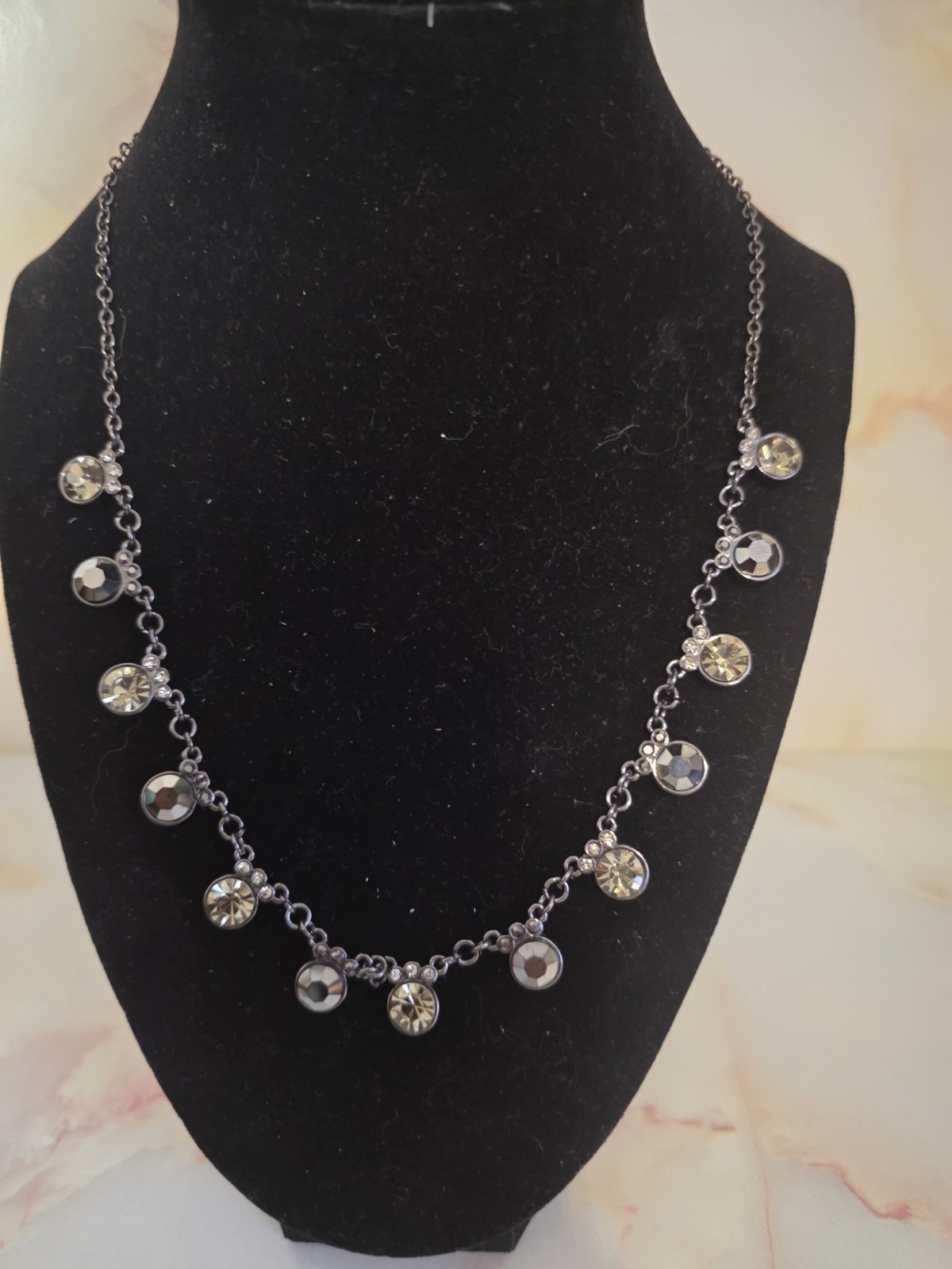 lia sophia Silver Tone Cable Chain Station Crystal Charm Necklace Signed