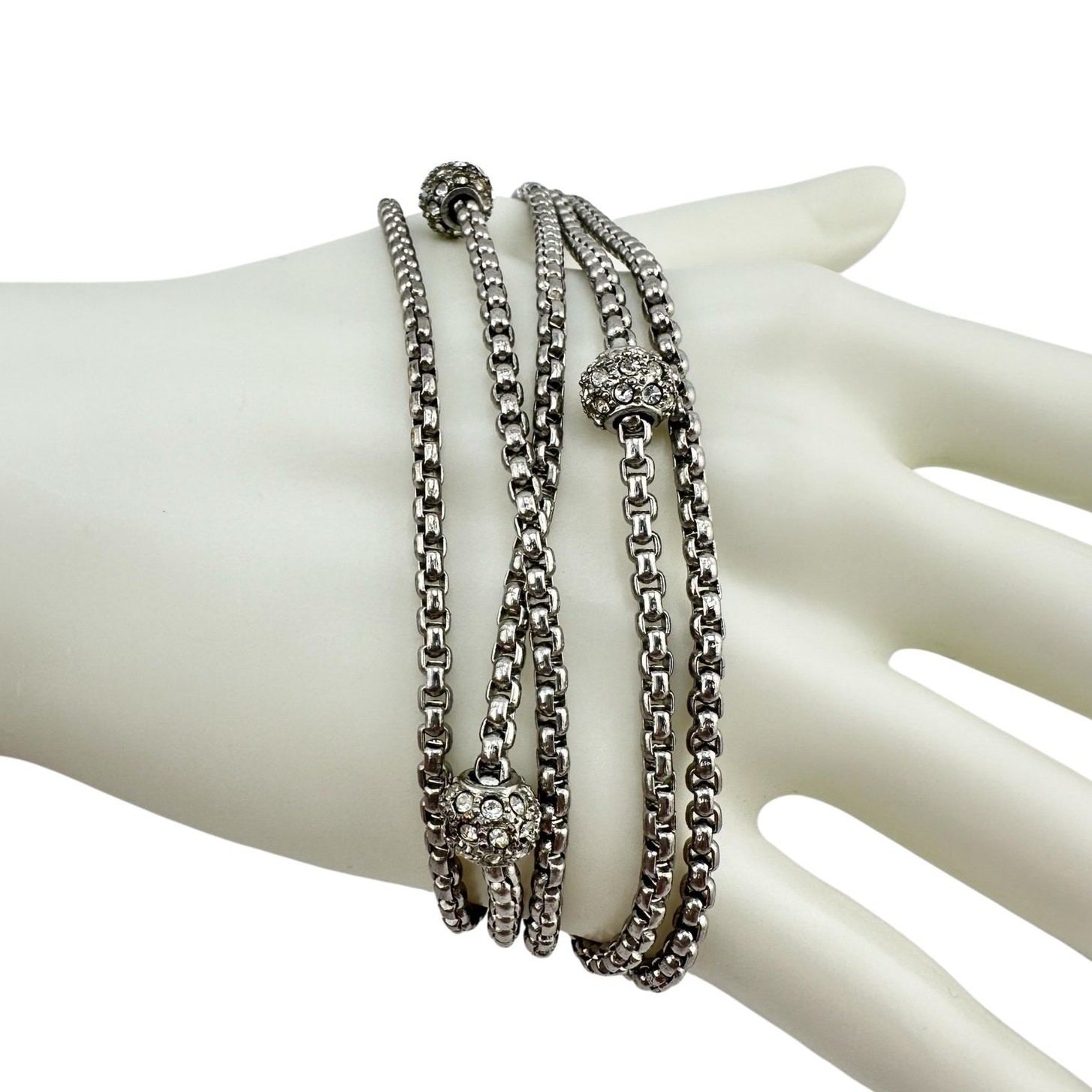 Modern Rhinestone Pave Beads Multichain Layered Look Silver Tone 7″ Bracelet