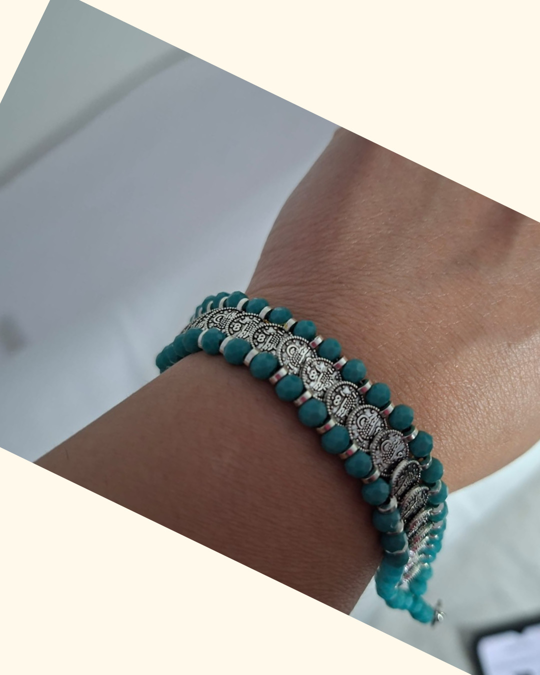 Handmade Ma’an Stone Turquoise Bracelet Silver Tone Adjustable Jewelry Gift