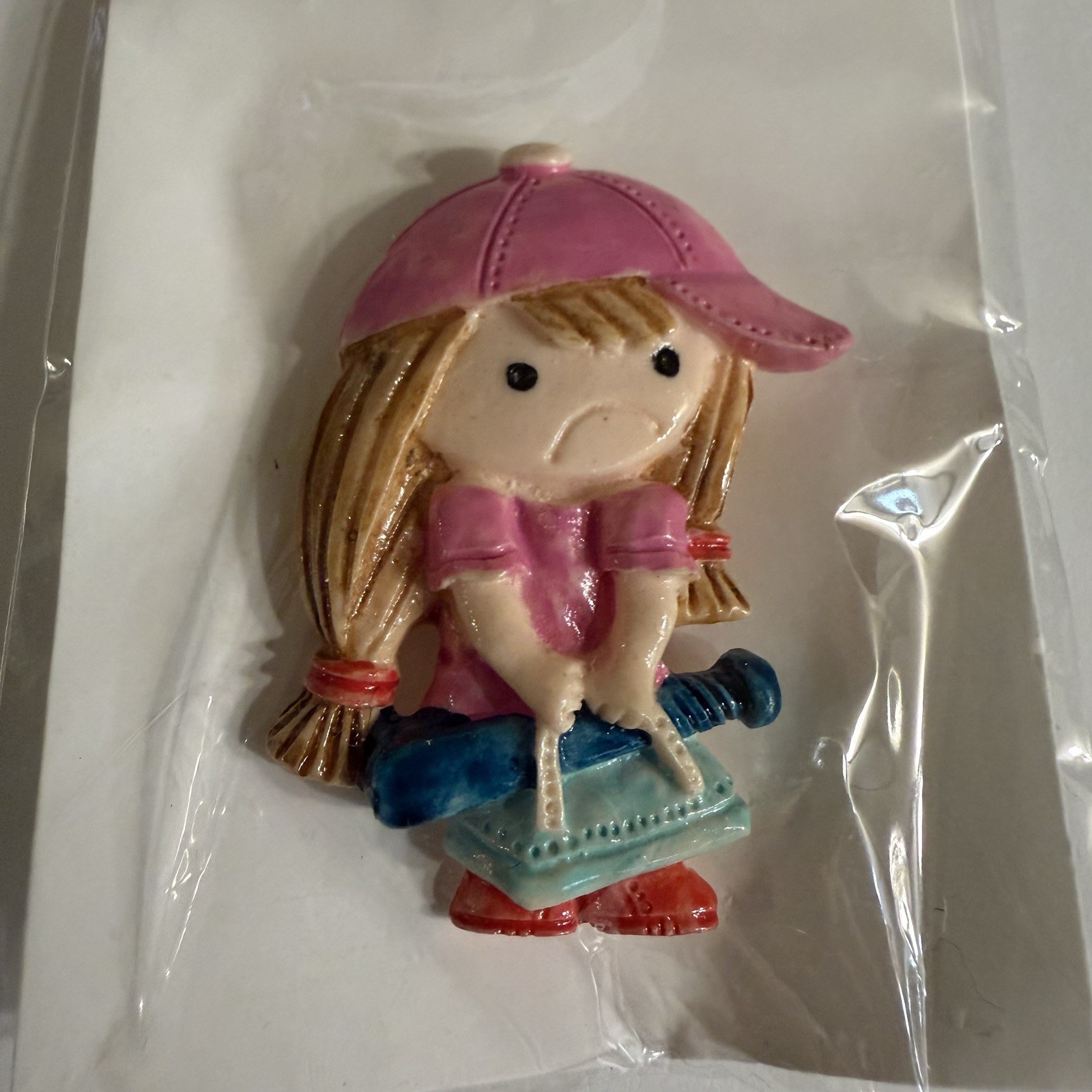 Retro 1980s Brooch of Girl with Baseball Cap and Bat