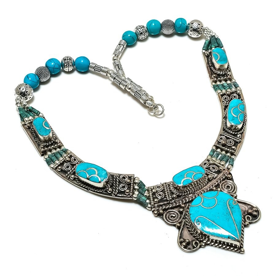 Tibetan Turquoise & Malachite Handmade Bahamas Nepali Jewelry Necklace 18″ SR135