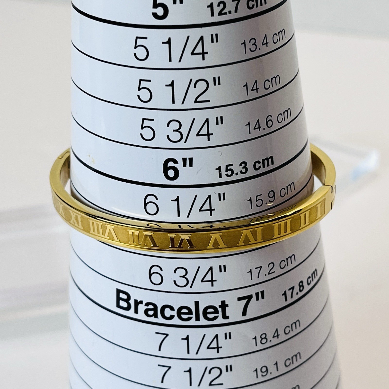 Gold Tone Bangle Bracelet – Roman Numerals Design – Sz 6.5” – Push Lock – 2024