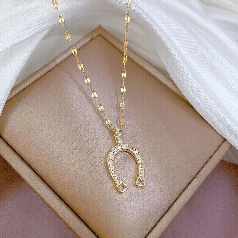 2 Ct Round Cut Simulated Diamond Horseshoe Pendant 14k Yellow Gold Plated Silver